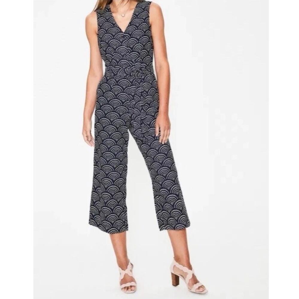 Boden Blue Print Cotton Linen Jumpsuit Cropped Wide Leg Belted Pockets Size 8